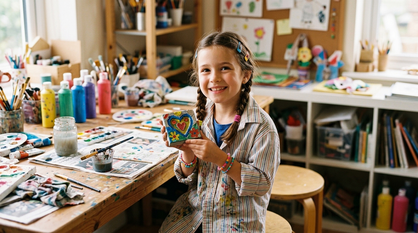 Child focused on painting away from screens