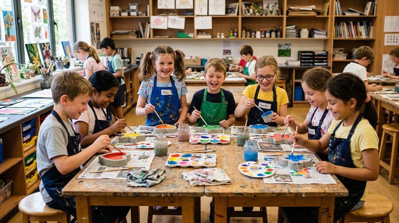 Children in classroom painting concrete moulds together